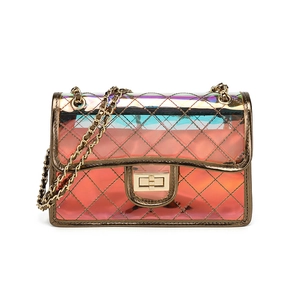 Fashion Women Holographic PVC Rhombus Quilted Chain Shoulder Bag Transparent Jelly Crossbody Handbag With Metal Turn-Lock