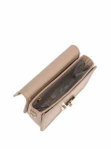Internal view of beige mini crossbody bag showing multiple compartments and gold hardware