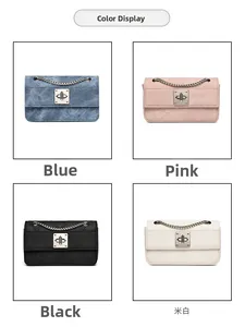 Color display of retro denim pattern crossbody bags with diamond quilting and chain strap