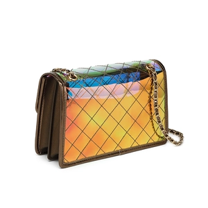 Iridescent PVC crossbody jelly bag with quilted stitching and gold chain strap