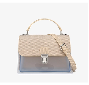 Detail showing the woven texture flap and metallic silver buckle on the clear jelly bag