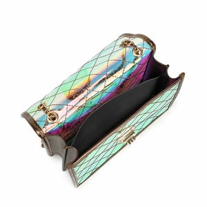 Quilted holographic PVC crossbody bag with colorful iridescent finish and chain strap