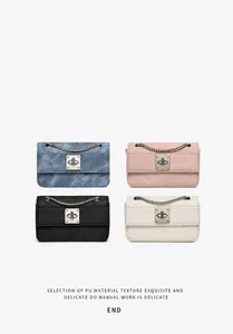 Close-up of diamond lattice quilted PU leather chain bags in four assorted colors