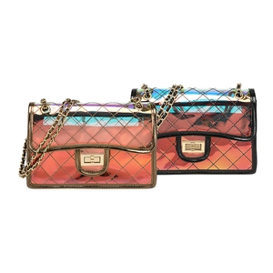 Quilted PVC holographic crossbody bags with gold chain straps and metal twist locks