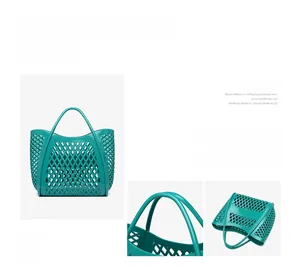 Detail of teal PVC jelly beach bag showing geometric mesh hollow pattern and curved handle