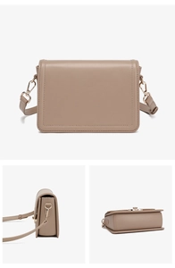 Detail view showing khaki PU leather textures and side structure of the mini crossbody bag