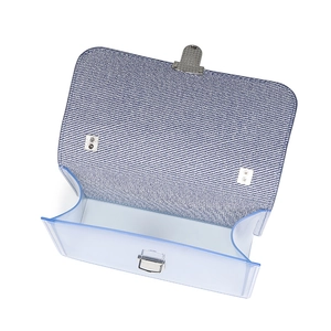 Translucent light blue crossbody jelly bag with silver metal lock and striped flap detail