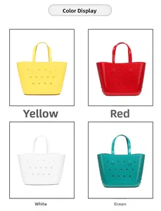 Vue détaillée de grands sacs de plage étanches en PVC en jaune, rouge, blanc et vert vif