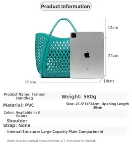 Detailed size specifications for large capacity teal PVC hollow beach tote and shopping basket