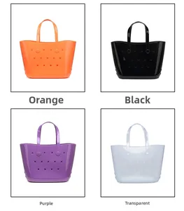 Détail de sacs fourre-tout en EVA en orange, noir, violet et transparent avec étoiles