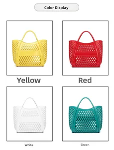 Detailed grid view of hollow mesh PVC jelly bags in yellow, red, white, and green colors