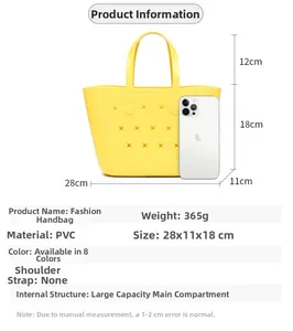 Paramètres de taille détaillés du sac de plage en PVC jaune avec référence iPhone pour l'échelle