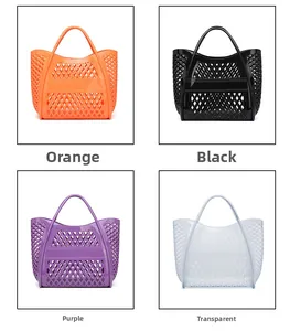 Detail view of large hollow PVC jelly beach bags in orange, black, purple, and transparent