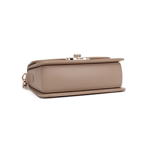 Elegant beige PU leather crossbody bag with golden lock and pebbled texture finish