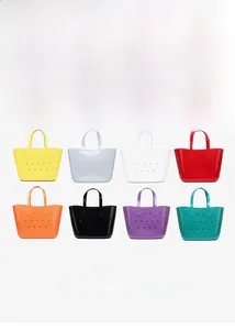 Vue détaillée de 8 couleurs vives de sacs cabas en PU ajouré pour la plage et loisirs