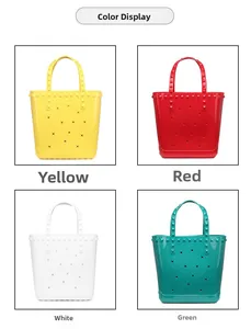 Detail view of hollow out jelly beach tote bags in yellow, red, white and green colors