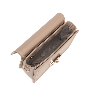 Minimalist beige PU leather flap crossbody bag with zigzag lining and gold twist lock