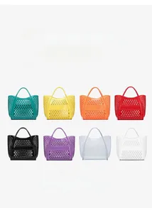 Detailed view of hollow PVC jelly beach bags in eight vibrant colors for summer shopping