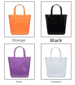 Detail view of PVC jelly beach bags with rivet studs and perforated holes in four colors