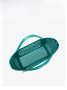 Top view of spacious cyan PVC jelly basket with hollow mesh design and solid base