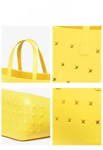 Détails du sac cabas en PVC jaune montrant des découpes en étoile et une base antidérapante