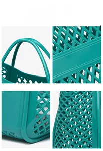 Detail shots of the turquoise hollow beach bag showing woven mesh and handle texture