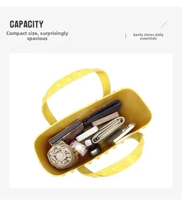 Macro view of bright yellow PVC tote bag showing large capacity for daily essentials
