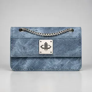 Women Retro Denim Quilted Crossbody Bag Fashion Mini Square Shoulder Bag With Silver Metal Chain And Twist Lock Flap Bag