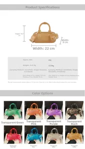 Detailansicht der PVC-Gelee-Tasche mit Maßen und acht verfügbaren Farben für die Umhängetasche