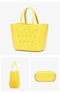 Vue en trois parties du sac fourre-tout jaune en PVC ajouré montrant l'avant et le fond