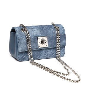 Vintage denim quilted mini crossbody bag with silver chain and turn-lock closure