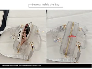 Detailansicht der Innenseite der rosa PVC-Gelee-Tasche zeigt Stauraum für den Alltag