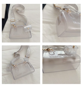 Vista dettagliata della borsa trasparente in PVC con finiture dorate e tracolla