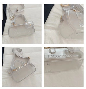 Detailansichten der transparenten PVC-Gelee-Tasche mit Logo und breitem Gurt