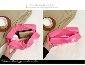 Detailed comparison of pink glitter transparent PVC makeup bag showing its large storage capacity