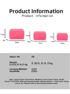 Size chart for pink PU makeup bag set including large, medium, and small pouch dimensions