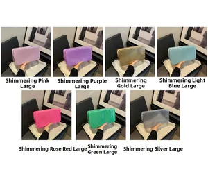 Detailed grid showing glitter makeup clutch bags in seven vibrant colors for travel