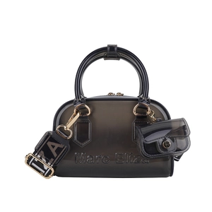 Elegante borsa a mano in PVC nero traslucido con tracolla a righe e mini portamonete