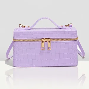 Women Croco Embossed Box Crossbody Bag Mini Square Purse With Top Handle Gold Zipper PVC Leather Fashion Handbag Daily Use