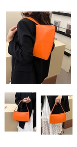 Tres vistas que muestran un bolso de hombro de charol naranja brillante en un modelo