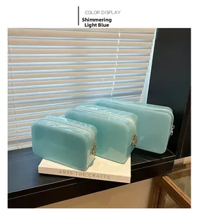 Detailed close-up of three-piece shimmering light blue waterproof cosmetic bags on books