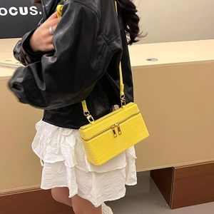 Mini yellow crocodile pattern leather box bag with gold hardware and shoulder strap