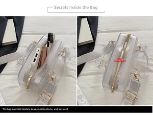 Split view showing the interior capacity of a clear PVC handbag with golden hardware details