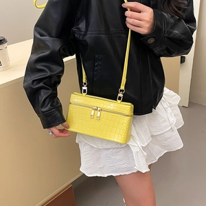 Mini bright yellow crocodile pattern genuine leather handbag with double zipper and strap