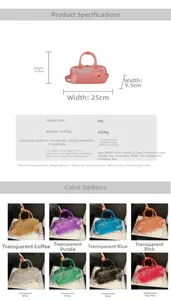 Detailed size chart and multi-color view of stylish PVC jelly shoulder bag with wide strap