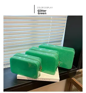 Sparkling green transparent PVC cosmetic bag set in three sizes with glitter finish