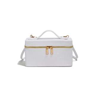 White croc-embossed leather mini box bag with top handle and gold zipper hardware