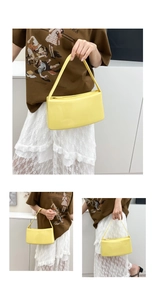 Vista detallada en tres paneles de un bolso baguette amarillo brillante con modelo