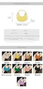 Detailed size chart for crescent bag with PVC material specifications and color options