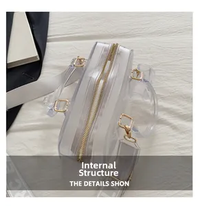 Macro view of clear PVC jelly bag featuring golden zipper and internal structure